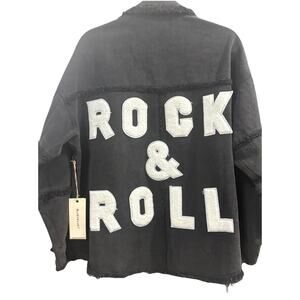 Blue Velvet Black Denim Jacket Womens S Rock & Roll Graphic Distressed Oversized